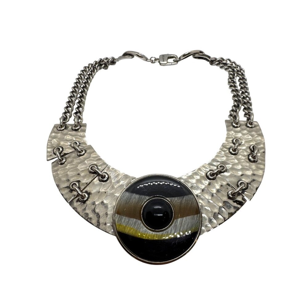 St. John Necklace Hammered Silver-Tone Chain Statement Collar Modernist Bib - Picture 2 of 10